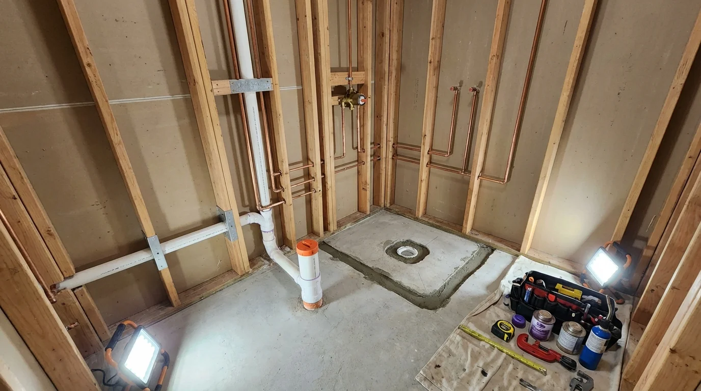 Bathroom rough-in plumbing during remodel by Johns Plumbing LLC in Mineville