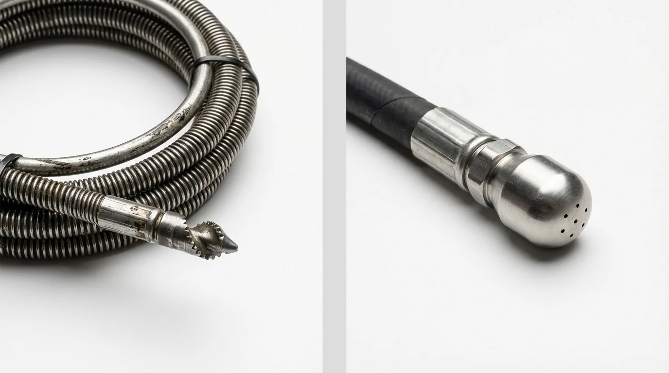 Drain snake cable and hydro jetting nozzle used for drain cleaning in Mineville, NY