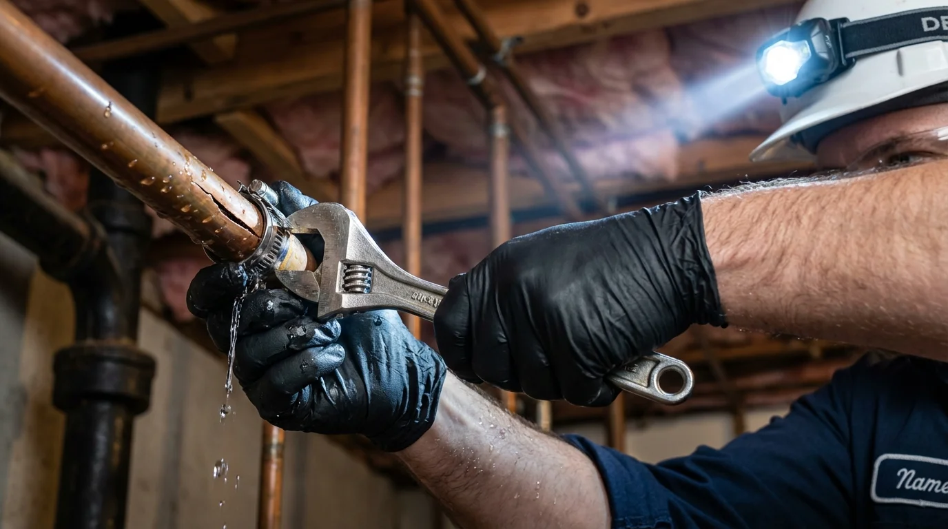 Emergency pipe clamp repair being performed by a Johns Plumbing LLC plumber in Mineville