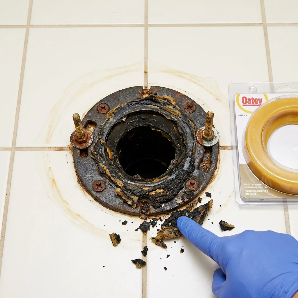 Failed wax ring showing water seepage at the base of a toilet in a Mineville, NY home