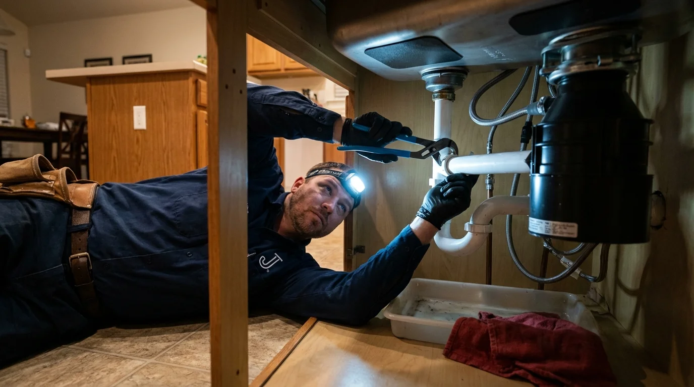P-trap and supply line connections under a kitchen sink showing a common leak point in Mineville, NY